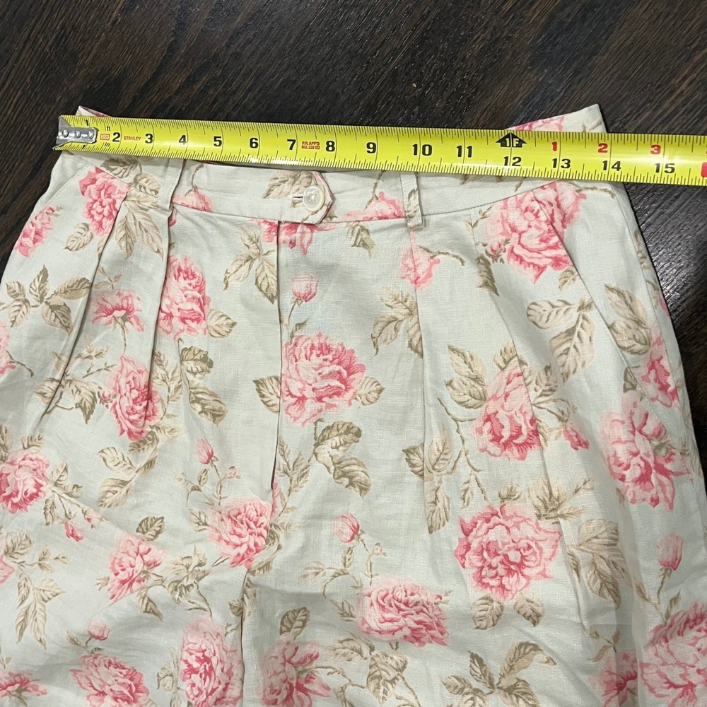 Vintage Lauren Ralph Lauren Shorts Womens 8 Beige Floral Linen Pleated Cuffed - Picture 5 of 7